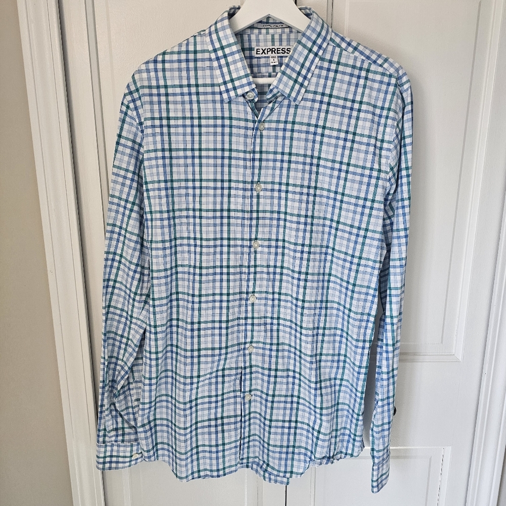 Express Men's Blue and White Plaid Shirt